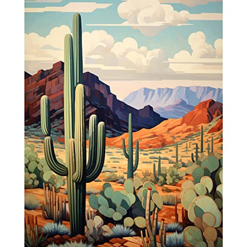 Kaktus Berg in der Wüste Landschaft Malen nach Zahlen für Erwachsene DIY Geschenk Ölgemälde Kits auf Leinwand mit Pinseln und Acryl-Pigment-Aquarellbild für Heimwanddekoration 40 x 50 cm (rahmenlos) von Walarky