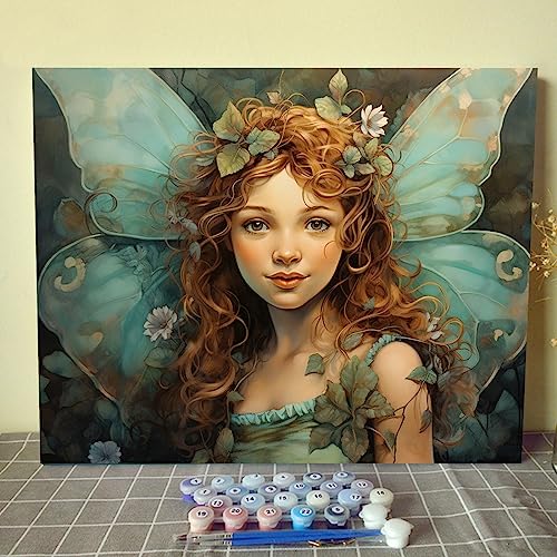 Little Girl Angel DIY Malen nach Zahlen für Erwachsene Blaue Flügel DIY Digitales Ölgemälde Acrylfarbe Engel Blätter Blumen Malerei Kits Leinwand mit Acrylfarbe Raumdekor 40,6 x 50,8 cm (rahmenlos) von Walarky