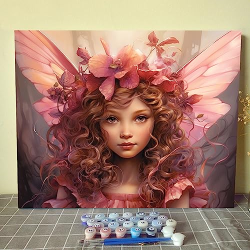 Little Girl Angel DIY Malen nach Zahlen für Erwachsene Rosa Kranz DIY Digitales Ölgemälde Acrylfarbe Engel Mädchen Blumen Malerei Kits Leinwand mit Acrylfarbe Raumdekor 40,6 x 50,8 cm (gerahmt) von Walarky