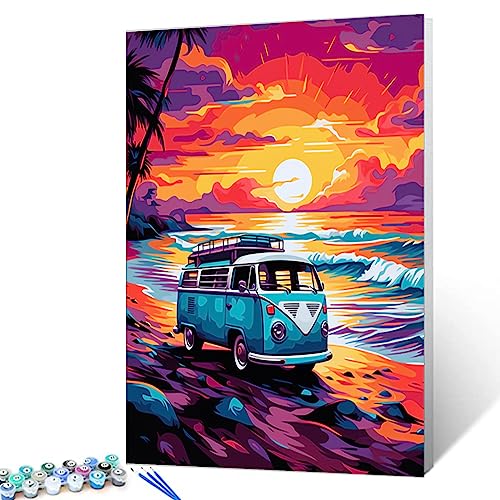 Malen nach Zahlen für Erwachsene, Anfänger, buntes VW-Bus, Strand, digitales Ölgemälde-Set auf Leinwand mit Pinseln und Acrylpigmenten, lebendiger Sonnenuntergang, moderner Stil, Bild für von Walarky