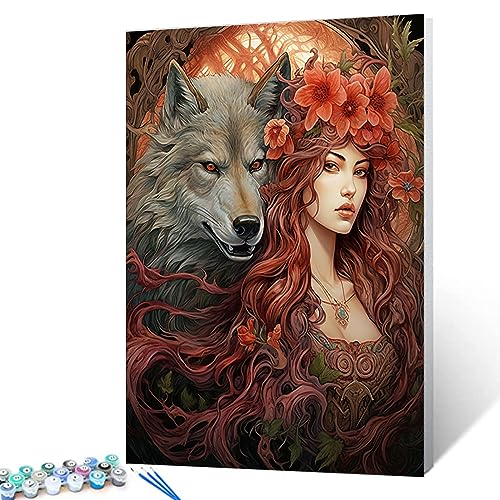 Malen nach Zahlen für Erwachsene, schöne Frau, Malen nach Zahlen, grauer Wolf, Malset für Anfänger auf Leinwand, Farbe, Acryl, Zuhause, Schlafzimmer, Wanddekoration, Geschenke, 40,6 x 50,8 cm (ohne von Walarky