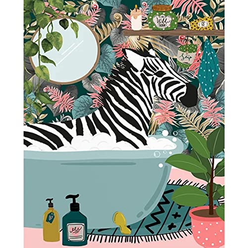 Malen nach Zahlen für Erwachsene Badezimmer Tier-Ölgemälde-Kits auf Leinwand mit Pinseln und Acryl-Pigment-Zebra-Malerei Leinwand grüne Blätter Badewanne Dschungel lustige Raumdekoration(rahmenlos) von Walarky