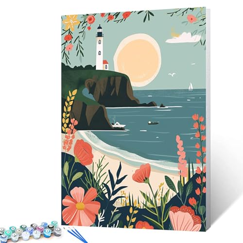 Malen nach Zahlen im Cartoon-Stil, Motiv: Küstenlandschaft, für Erwachsene, Kinder und Anfänger, einfaches Leinwand-Ölgemälde, Acryl-Pigment-Set, Segelboot, Blume, Strand, Heimdekoration, Geschenk, Malen nach Zahlen im Cartoon-Stil, Motiv: Küstenlandschaft, für Erwachsene, Kinder und Anfänger, einfaches Leinwand-Ölgemälde, Acryl-Pigment-Set, Segelboot, Blume, Strand, Heimdekoration, Geschenk, von Walarky