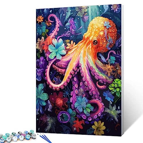 Neon Octopus Malen nach Zahlen Kits für Kinder Erwachsene Anfänger Bunte Ozeanlandschaft Leinwand DIY Ölgemälde mit Pinseln und Acryl Digitales Gemälde Geschenk Moderne Wohnkultur 40,6 x 50,8 cm von Walarky