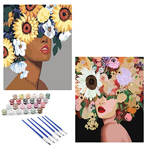 Sonnenblume Malen nach Zahlen für Erwachsene, afrikanisches amerikanisches Mädchen, DIY-Ölgemälde-Set auf Leinwand mit Pinseln und Acryl-Pigment, Blume, Frau, Bild, Kunsthandwerk, Heimdekoration von Walarky