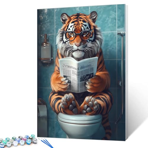 Tiger mit Brille, rote Zeitung sitzend auf dem Toilettensitz, Malen nach Zahlen für Erwachsene auf Leinwand, DIY-Ölgemälde-Kits, Acrylfarben für Zuhause, Wanddekoration, Kunsthandwerk, Geschenke, 40,6 von Walarky