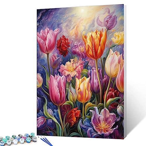 Tulpenfeld, Malen nach Zahlen für Erwachsene, Anfänger, tropische Blumen, DIY digitales Ölgemälde-Set auf Leinwand mit Pinseln und Acrylpigmenten, Gradern Blumen-Kunstwerk für Wohnkultur, 40,6 x 50,8 von Walarky