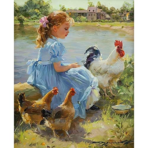 Walarky Ländliche Landschaft DIY Malen nach Zahlen für Erwachsene Hahn Henne und süßes Mädchen DIY Digitales Ölgemälde Acrylfarbe Rutic Landschaft Malerei Kits Leinwand Bauernhaus Dekor 40,6 x 50,8 cm von Walarky
