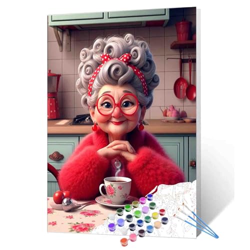 Walarky Malen nach Zahlen für Erwachsene, Motiv: Oma in Retro-Küche, Motiv: Kaffee und Donut, digitales Ölgemälde-Set auf Leinwand, Oma-Acrylfarbe, DIY-Malerei, Heimdekoration, Geschenk, 40,6 x 50,8 Walarky Malen nach Zahlen für Erwachsene, Motiv: Oma in Retro-Küche, Motiv: Kaffee und Donut, digitales Ölgemälde-Set auf Leinwand, Oma-Acrylfarbe, DIY-Malerei, Heimdekoration, Geschenk, 40,6 x 50,8 von Walarky