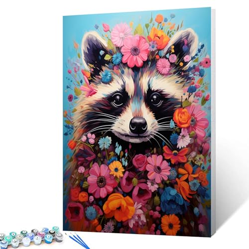 Walarky Malen nach Zahlen mit süßem Waschbär im Blumenstrauch für Erwachsene und Anfänger, schöner Blumenstrauch, Malen nach Zahlen auf Leinwand, einfach zu malen für Anfänger, Kunstwerk für Walarky Malen nach Zahlen mit süßem Waschbär im Blumenstrauch für Erwachsene und Anfänger, schöner Blumenstrauch, Malen nach Zahlen auf Leinwand, einfach zu malen für Anfänger, Kunstwerk für von Walarky