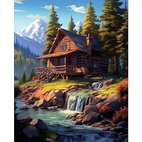Waldhütten-Bild, Malen nach Zahlen für Studenten, Erwachsene, Anfänger, Ölgemälde-Kits auf Leinwand mit Pinseln, Acrylpigment, Hütte, verschneite Berge, digitales Gemälde für Heimdekoration, 40,6 x Waldhütten-Bild, Malen nach Zahlen für Studenten, Erwachsene, Anfänger, Ölgemälde-Kits auf Leinwand mit Pinseln, Acrylpigment, Hütte, verschneite Berge, digitales Gemälde für Heimdekoration, 40,6 x von Walarky