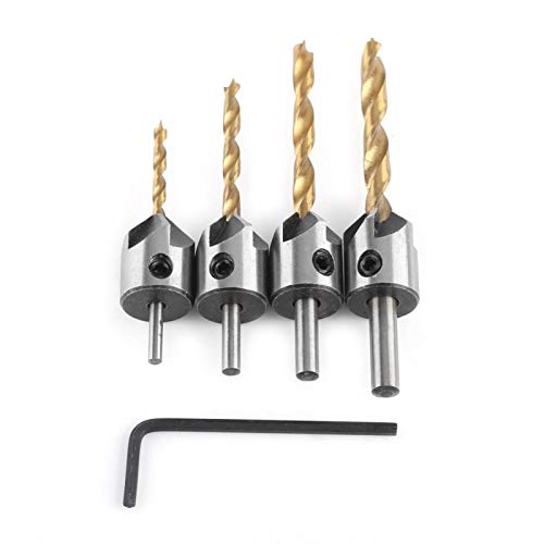 Senkbohrer Kohlenstoffstahl Zimmerei Bohrer mit Versenker für Holz Holzbohrer mit Senker für Bohren Fasen Entgraten(4-piece set + small wrench (3-6mm)) von Walfront