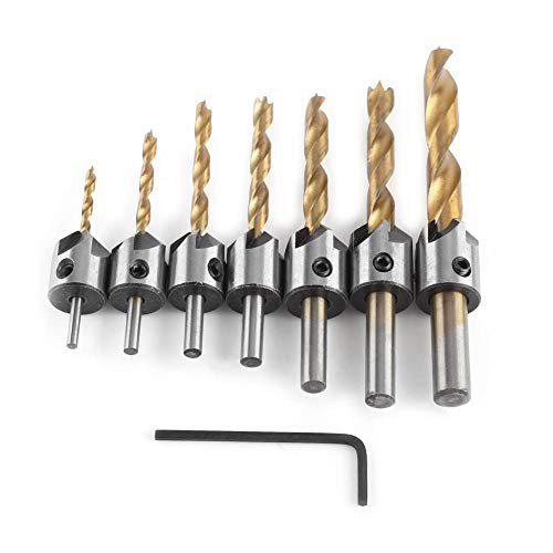 Senker Bohrer Set, Holzbearbeitungs Senkbohrer Titan Beschichtetes HSS Zimmerei Reibahlen Kernbohrer Fasen Senkkopf (3mm,4mm,5mm,6mm,7mm,8mm,10mm)(3-10mm (3/4/5/6/7/8 / 10mm)) von Walfront