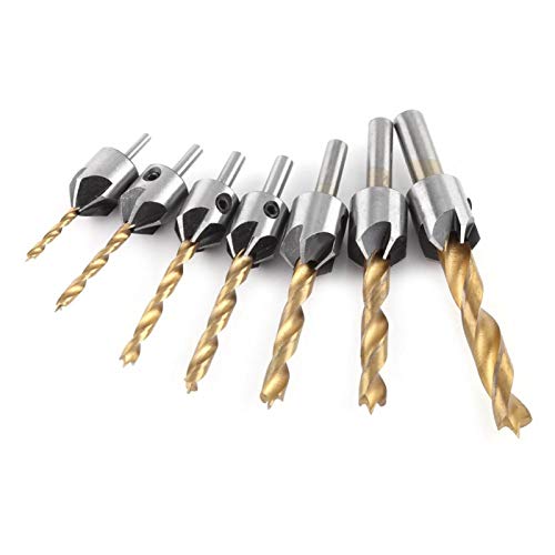 Stahlsenker Bohrer Kohlenstoffstahl Zimmerei Holzbearbeitung Bohrwerkzeug Fünf Flöten Rundschaft mit Sechskantschlüssel Zum Bohren Fasen Entgraten(7-piece set + small wrench (3-10mm)) von Walfront