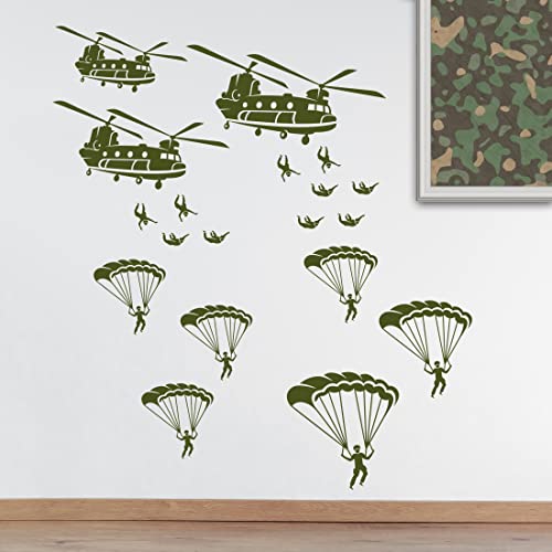 Hubschrauber Soldaten Armee Wandaufkleber Militär Vinyl Aufkleber Jungenzimmer Deko Fallschirmjäger aus Hubschrauber von Wall4stickers
