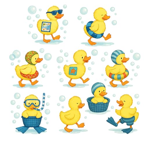 Süße Enten-Wandaufkleber für Badezimmer, 9 abnehmbare wasserdichte Aufkleber für Kinder-Badewanne und Kinderzimmer, lustige gelbe Entchen mit Blasen und Zubehör, jeweils 25 cm hoch Süße Enten-Wandaufkleber für Badezimmer, 9 abnehmbare wasserdichte Aufkleber für Kinder-Badewanne und Kinderzimmer, lustige gelbe Entchen mit Blasen und Zubehör, jeweils 25 cm hoch von Wall4stickers