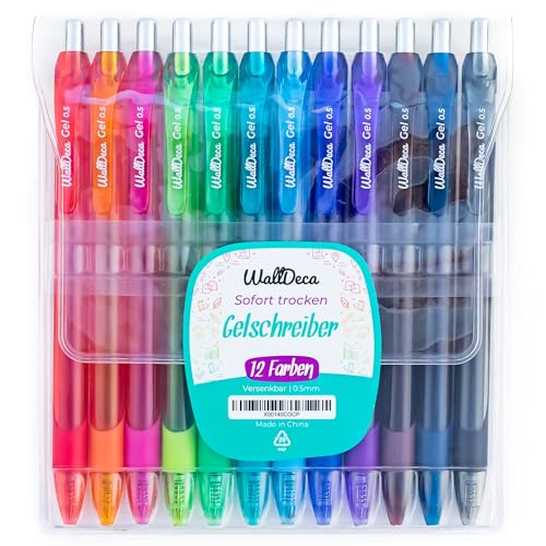 WallDeca Gelstifte Set, Regenbogenfarben 12 Gel Kugelschreiber Bunt, Gelschreiber mit Mittlerer Strichstärke 0,5 mm, Komfortabler Halt und Schnelltrocknend – Gel Pen Set mit Transporthülle von WallDeca
