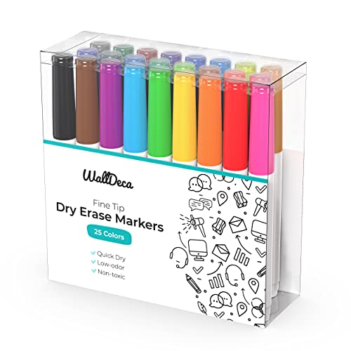WallDeca Whiteboard Marker Set mit Schwamm - Geruchsarme Whiteboard Stifte mit feiner Rundspitze in 25 bunten Farben von WallDeca