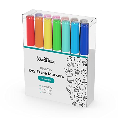 WallDeca Whiteboard Marker Set mit Schwamm - Geruchsarme Whiteboard Stifte mit feiner Rundspitze in 13 bunten Farben von WallDeca