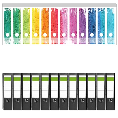 Wallario 12 Stück breite Ordner inkl. Klebeetiketten mit Motiv Regenbogenstreifen auf weißem Hintergrund - Bunter Anstrich - Set mit Rückenschildern/Ordnerrücken Stickern von Wallario
