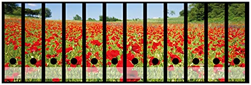 Wallario Ordnerrücken Sticker Mohnblumenfeld- rote Blumen unter blauem Himmel - Rückenschilder für 12 breite Ordner, Klebeetiketten von Wallario