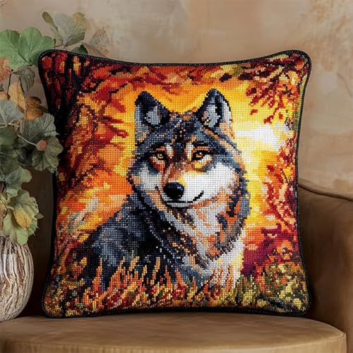Herbstliche Waldlandschaft Kreuzstich-Kissenbezug Set,Tierwolf,Kreuzstich Kissen Set Vorgedruckt,Stickset DIY Gebastelt Kissenbezug für Anfänger Erwachsene,45x45cm von Wallphantom