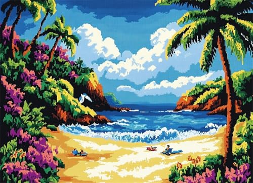 Landschaft DIY Knüpfstern Set Knüpfteppich-Set,Strand,Handgefertigte Teppich Mit Vordruck,3D-Bastelgeschenk,Gewebtes Teppichset,Heimdekoration,52x38cm von Wallphantom