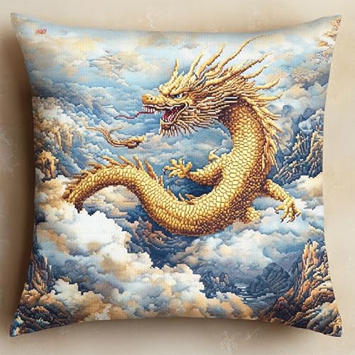 Landschaft DIY Kreuzstichkissen Stickset Anfänger,Drache in den Wolken,Stickset,Kissenbezug,Bastelsets für Erwachsene,Stickkissen,Anfänger,Handstickerei,45x45cm von Wallphantom