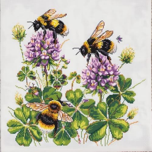 Wallphantom 11CT DIY Sticken Set Erwachsene,Bienen auf Kleeblüten,Kreuzstich Set Stickpackung Vorgedruckt,Stickbild Stickset Geschenk Für Weihnachten,40x40cm von Wallphantom
