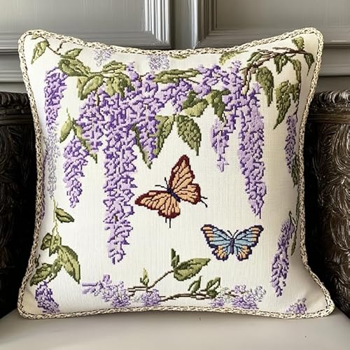 Wallphantom Blumen Kreuzstich Kissenbezug Kits für Erwachsene Anfänger,Glyzinienblüten und Schmetterlinge,Wurfkissenbezug Sofa Kissenbezug Stickerei Set DIY Kreuzstich,45x45cm von Wallphantom