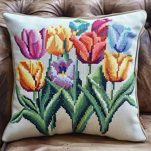Wallphantom Blumen Kreuzstichkissen Set,Bunte Tulpenblüten,Kissenbezug Zum Sticken Kreuzstich,45X45cm Stickkissen mit Muster Stickset Kreuzstich Kissen von Wallphantom