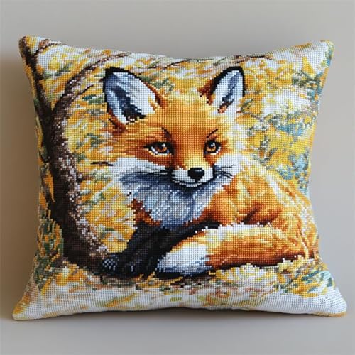 Wallphantom Cartoon-Tiere Kreuzstichkissen Set,Süßes Fuchsjunges,Kissenbezug Zum Sticken Kreuzstich,45X45cm Stickkissen mit Muster Stickset Kreuzstich Kissen von Wallphantom