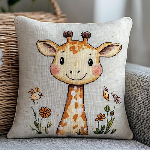 Wallphantom Cartoon-Tiere Stickset Kreuzstich Set Vorgedruckt,Eine süße kleine Giraffe,Kissen 45x45cm -Stickset Anfänger,Diy Bastelset Erwachsene Zum Sticken von Wallphantom