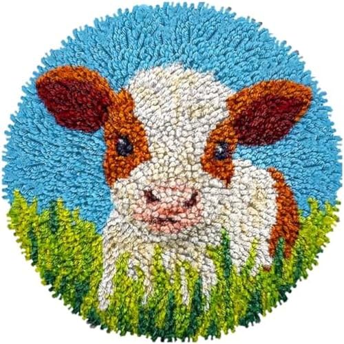 Wallphantom DIY Knüpfteppich,Niedliche Milchkuh im Gras,Knüpfteppich-Sets Für Anfänger,Diy-Handarbeit,Häkelteppich-Set,Heimdekoration,Bastelset,Geschenk,50x50cm von Wallphantom