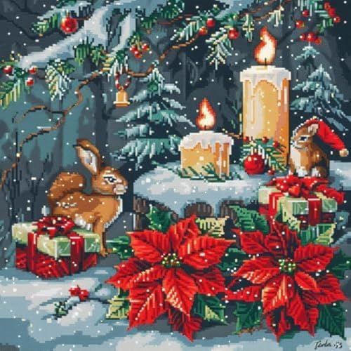 Wallphantom DIY Stickerei-Kreuzstich-Set,Rote Weihnachtssternkerzen Kaninchen im Schnee,11CT Erwachsene Anfanger Kreuzstich Stickpackungen für Wandkunst-Heimdekoration,16X16in von Wallphantom