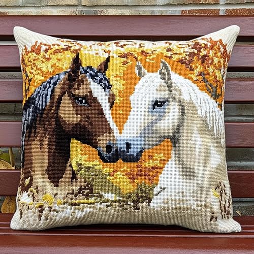 Wallphantom Herbstwald Kreuzstich Kissen Vorgedruckt,Tier Paar Pferd,11CT Stickset für Kreuzstichkissen,Stickset Anfänger,Handstickerei Kissenbezug Set,45x45cm von Wallphantom