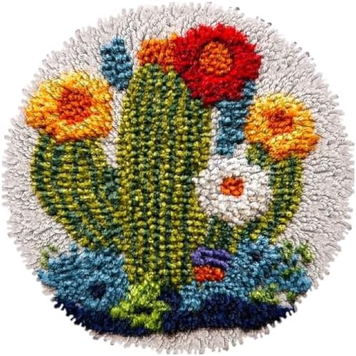Wallphantom Knüpfen Set,Kaktus mit Blumen,Bedruckte Leinwand Wandteppich-Kits Stick-Kits DIY-Häkelgarn-Kits Für Anfänger Erwachsene Kinder Bastelset,50x50cm von Wallphantom