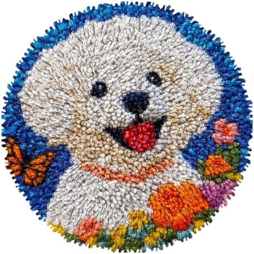 Wallphantom Knüpfhaken-Teppich-Set,Bichon Frise Hund und Schmetterling,DIY-Häkelteppich für Erwachsene,Kinder,Anfänger,Teppich-Hakensets,kreatives Basteln,Heimdekoration,50x50cm von Wallphantom