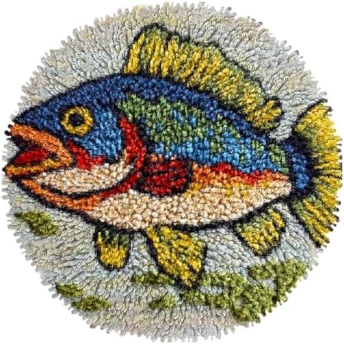 Wallphantom Knüpfteppich-Sets Für Anfänger,Bassfisch,Diy-Teppichbasteln Mit Farbig Bedruckter Leinwand,Häkel- Und Stickset,Heimdeko,50x50cm von Wallphantom