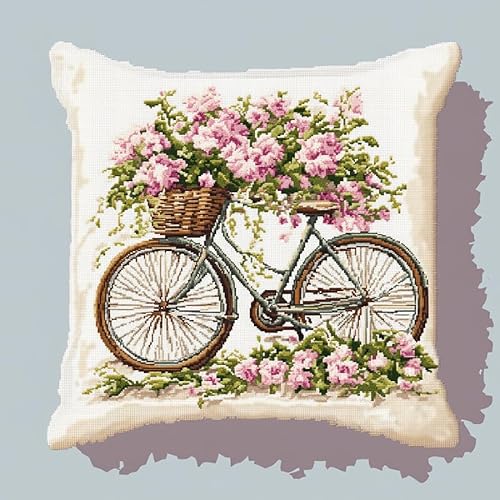 Wallphantom Kreuzstichkissen Set,Blumenkorb Fahrrad,Kissenbezug Zum Sticken Kreuzstich,45X45cm Stickkissen mit Muster Stickset Kreuzstich Kissen von Wallphantom