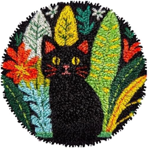 Wallphantom Latch-Hook-Teppich-Kit,Katze und Pflanzen,DIY Knüpfstern Set Knüpfteppich-Set,DIY-Teppich für Wohnkultur für Kinder und Erwachsene,50x50cm von Wallphantom