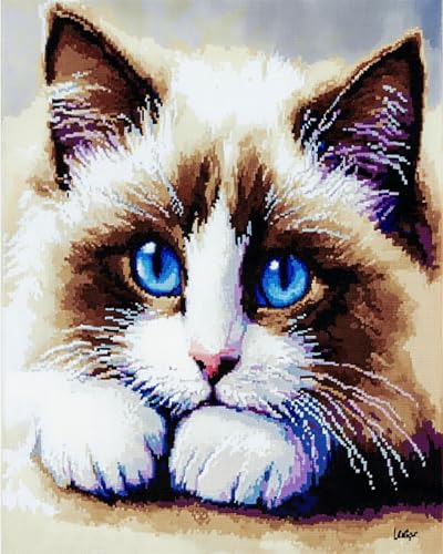 Wallphantom Tier Knüpfen Set,Süße Siamkatze,Bedruckte Leinwand Wandteppich-Kits Stick-Kits DIY-Häkelgarn-Kits Für Anfänger Erwachsene Kinder Bastelset,52x38cm von Wallphantom