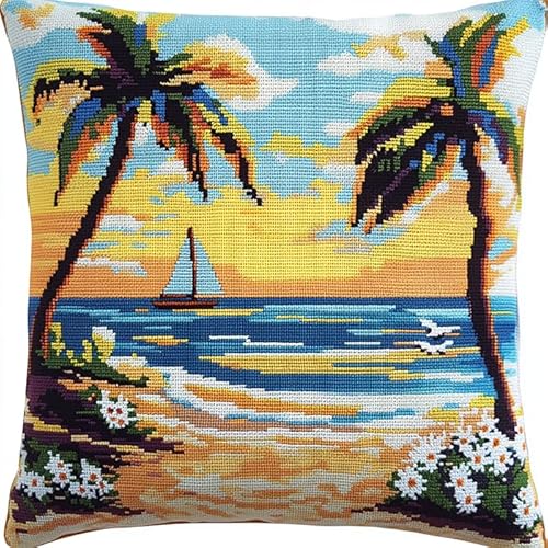 Wallphantom Tropische Landschaft Kissenbezug DIY Kreuzstich Stickerei,Kokosnussbäume am Meer,Kissenbezug Zum Sticken Kreuzstich 45X45cm Stickkissen mit Muster,Handstickerei Kissenbezug Set von Wallphantom