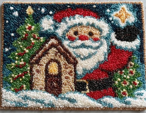 Wallphantom Weihnachten Knüpfteppich Zum Selber knüpfen,Weihnachtsmann und Weihnachtsbaum,Knüpfsets Latch Hook Kit Selbst Knüpfen Set für Kinder und Erwachsene,Farbmuster vorbedruckt,52x38cm von Wallphantom