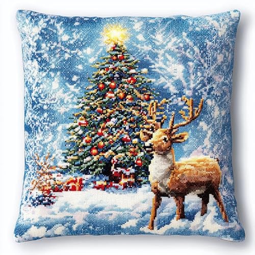 Wallphantom Weihnachtsschneeszene Kreuzstichkissen Set,Elch und Weihnachtsbaum,Kissenbezug Zum Sticken Kreuzstich,45X45cm Stickkissen mit Muster Stickset Kreuzstich Kissen von Wallphantom