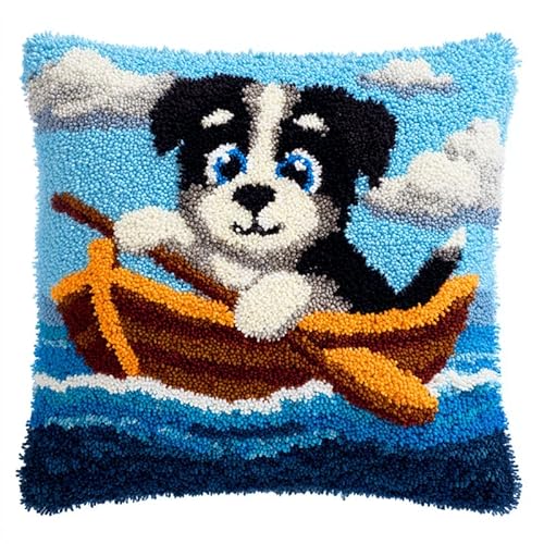 Cartoon-Tiere Knüpfhaken-Kissen-Set,Ein Welpe rudert ein Boot,DIY-Kissenbezug Zum Basteln,Bedruckte Leinwand Für Anfänger,Kissenset Für Heimdekoration,43x43cm von WallustrioaW