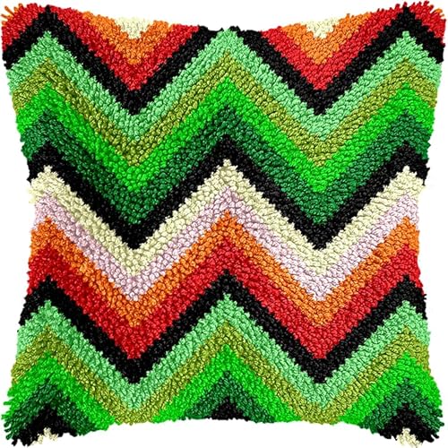Knüpfkissen Zum Selbermachen,Kissen Knüpfen Kit,Buntes geometrisches Wellenmuster,DIY Kissen Knüpfen Set Knüpfteppiche Set Sofakissenbezug Handgemachte Geschenke,43x43cm von WallustrioaW