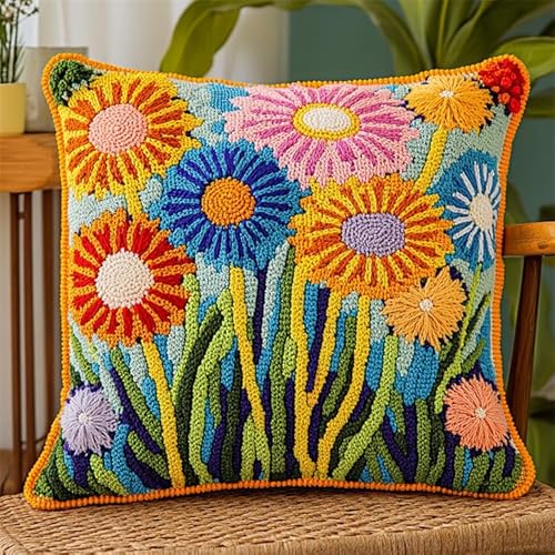 WallustrioaW Blumen Knüpfkissen Set,Bunte Löwenzahn,Knüpfkissen Set für Anfänger Erwachsene oder Kinder zum Selber Knüpfen,DIY Knüpfteppich Knüpfpackung,43x43cm von WallustrioaW