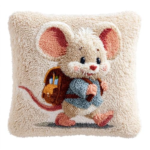 WallustrioaW Cartoon-Tiere DIY knüpfen set kissen,Eine kleine Maus mit einer Schultasche,knüpfhaken set Kissenbezug Häkelgarn Nadel Basteln,handgefertigtes Kissen für Zuhause,Sofa-Dekoration,43x43cm von WallustrioaW
