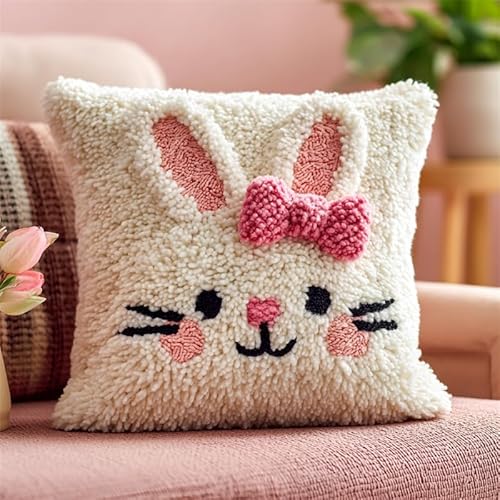 WallustrioaW Cartoon-Tiere Kissen Knüpfen Kit,Hase mit Schleife,Knüpfkissen Set Für Anfänger Erwachsene Oder Kinder Zum Selber Knüpfen,DIY Knüpfteppich Knüpfpackung,43x43cm von WallustrioaW